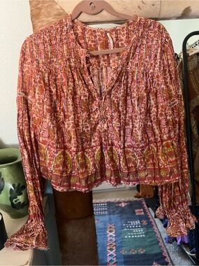 Free People Pink Metallic Boho Peasant Blouse Size Small